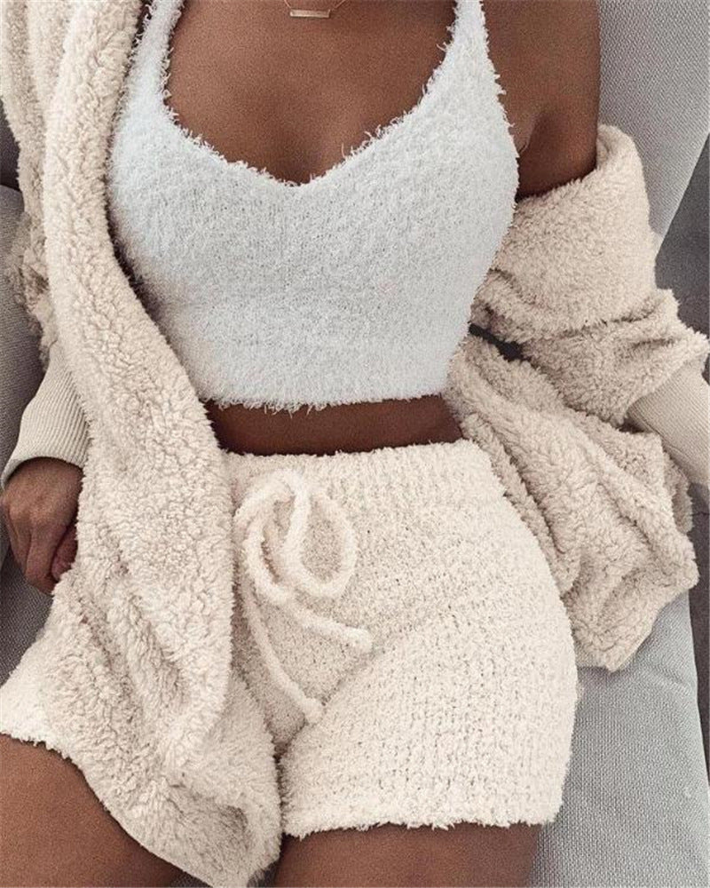 3pcs Womens Clothing Long Sleeve Crop Tank Top And Drawstring Shorts Pajama Set - SHOP IT