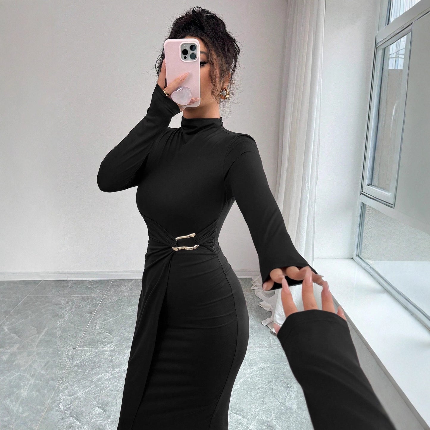 Small Stand-up Collar Knit Solid-color Dress With Metal Buttons - SHOP IT