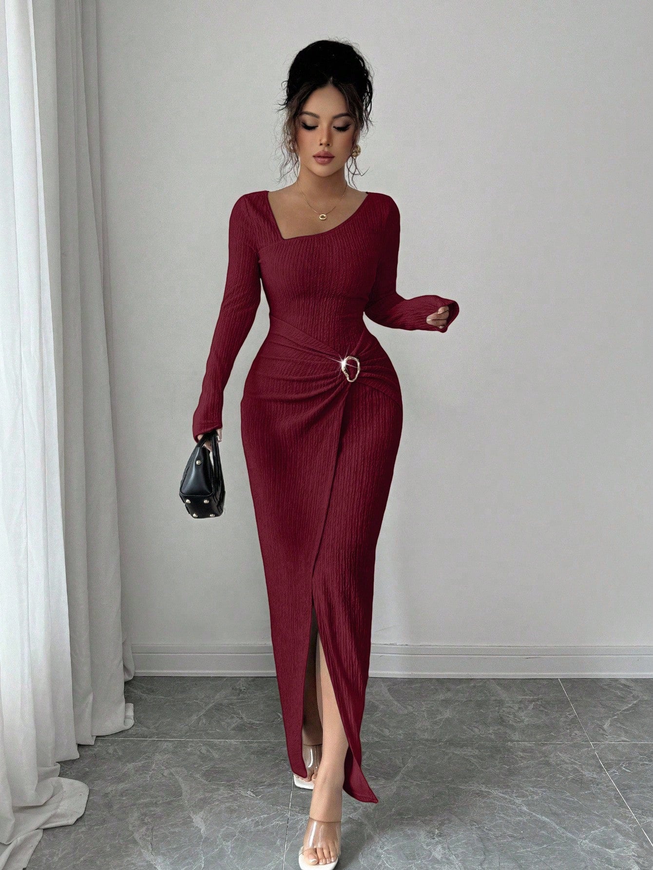 Autumn And Winter Irregular Neckline Solid Color Knitted Texture Long Dress For Women - SHOP IT