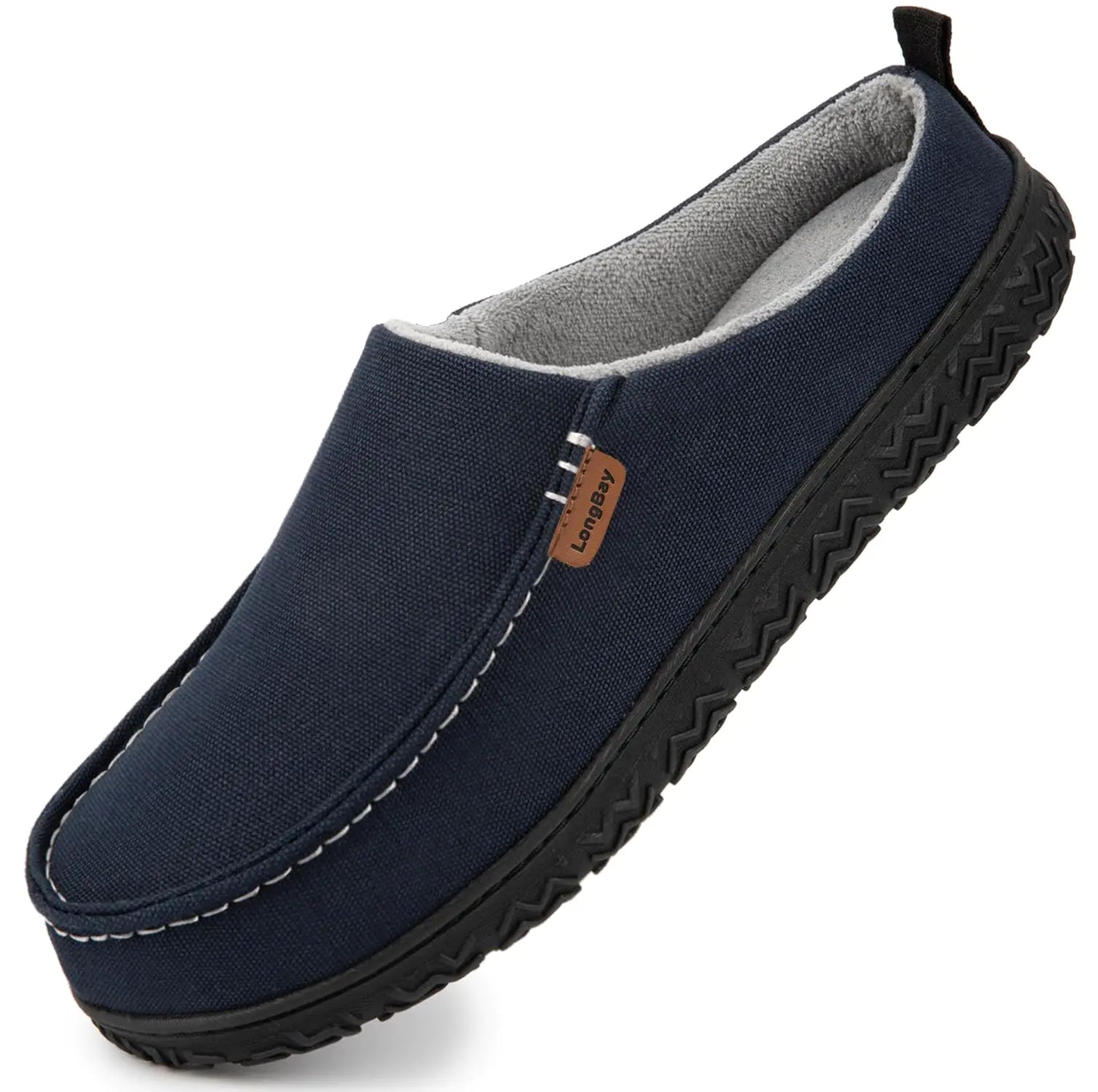 LongBay Mens Canvas Moccasin Slippers Slip on Memory Foam Clog House Shoes for Indoor Outdoor Navy Blue 9-10