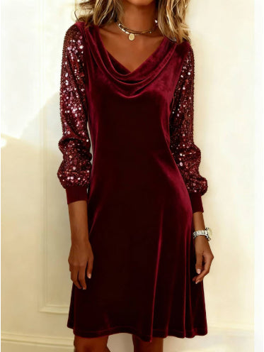Women's Velvet Sequin Patchwork Long-Sleeve Dress - SHOP IT 