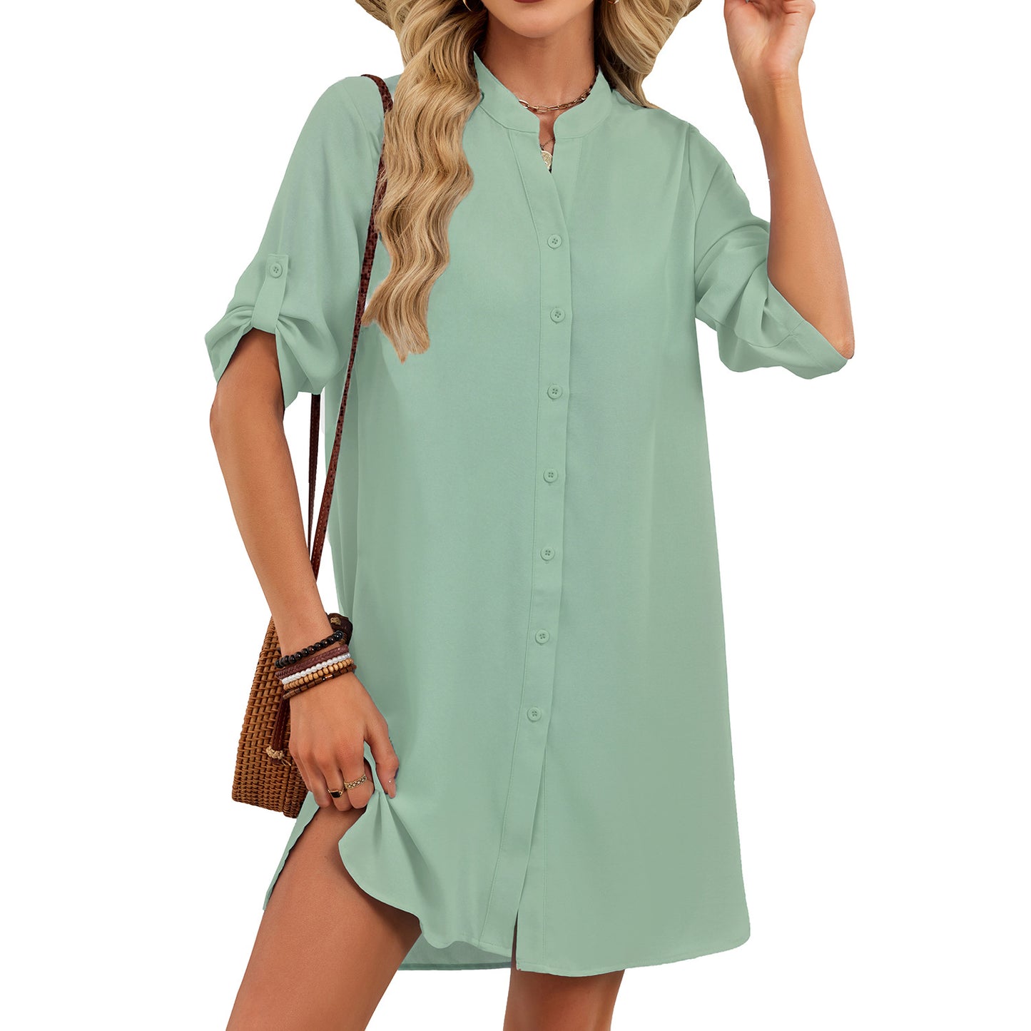 V-neck Shirt-sleeve Button-down Dress For Women - SHOP IT 
