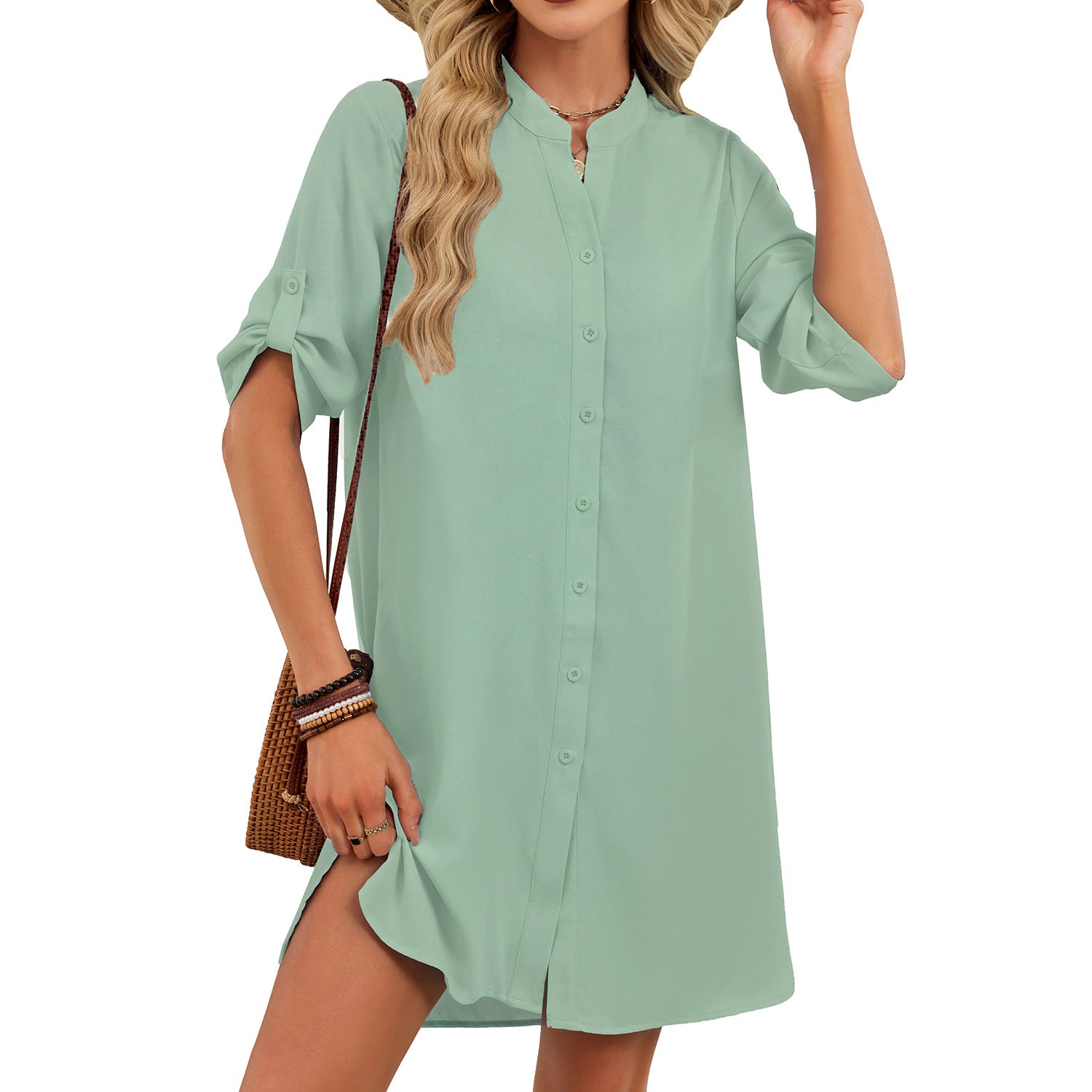 V-neck Shirt-sleeve Button-down Dress For Women - SHOP IT 
