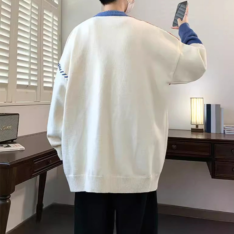 Ins Colorblock Pullover Sweater Winter Fashion Long Sleeve Knitted Top Men's Clothing - SHOP IT 