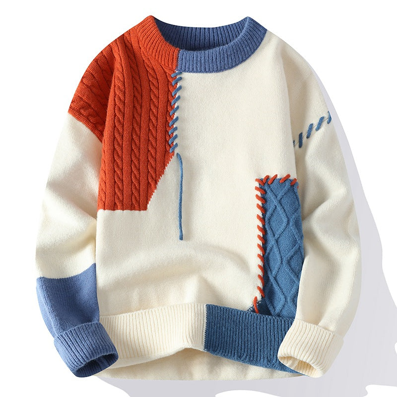 Ins Colorblock Pullover Sweater Winter Fashion Long Sleeve Knitted Top Men's Clothing - SHOP IT 