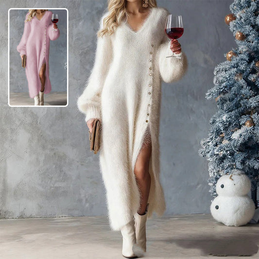 Chic Split Knitted Dress With Buttons Design Winter V-Neck Fleece Maxi Dresses Evening Party Club Fashion Women's Clothing - SHOP IT 