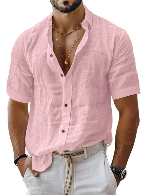 Men's Summer Men's Lapel Shirt Solid Color Short Sleeve Cotton Linen Shirt