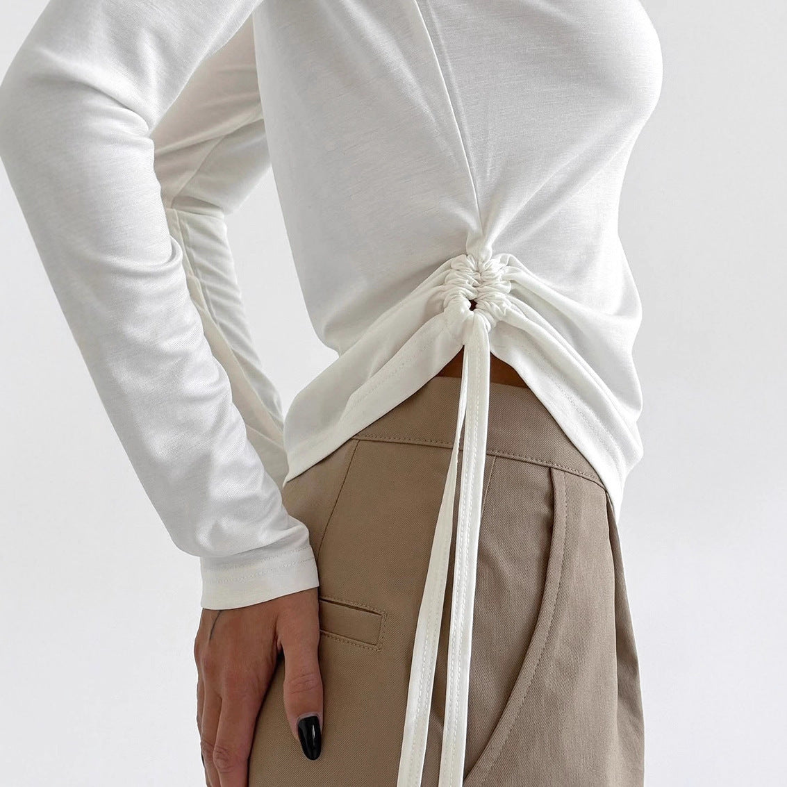 Women's Round Neck Side Tie Waist Long Sleeve - SHOP IT 