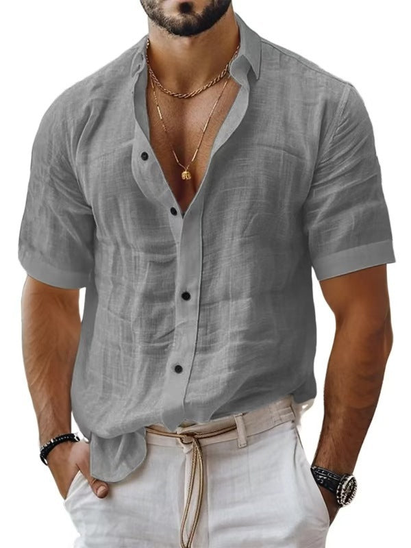 Men's Summer Men's Lapel Shirt Solid Color Short Sleeve Cotton Linen Shirt
