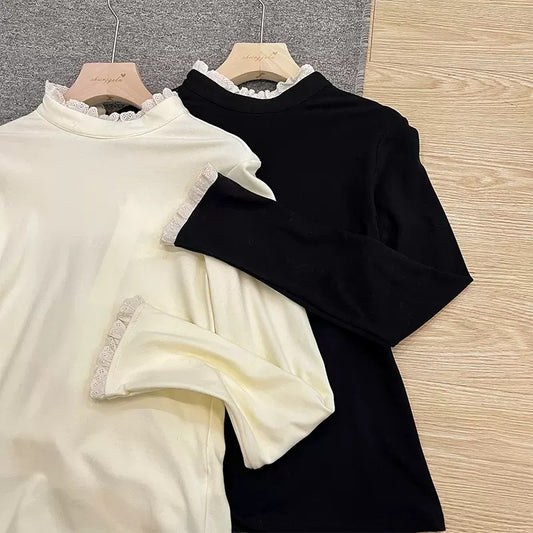 Spliced Lace Trim Semi-high Collar Slim-fitting Slimming Warm Base Shirt - SHOP IT 