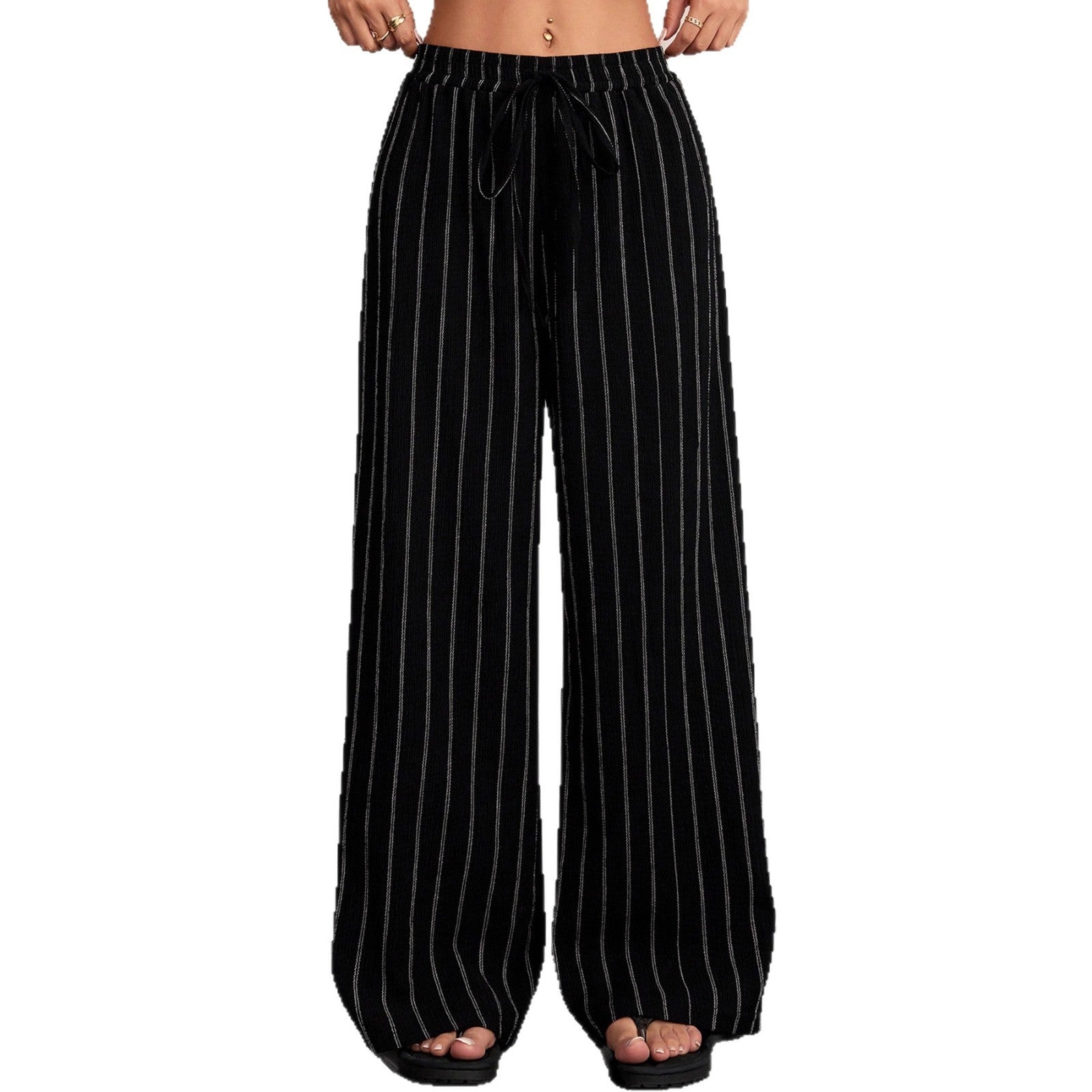 Women's Striped Drawstring Elastic Waist Casual Pants - SHOP IT 