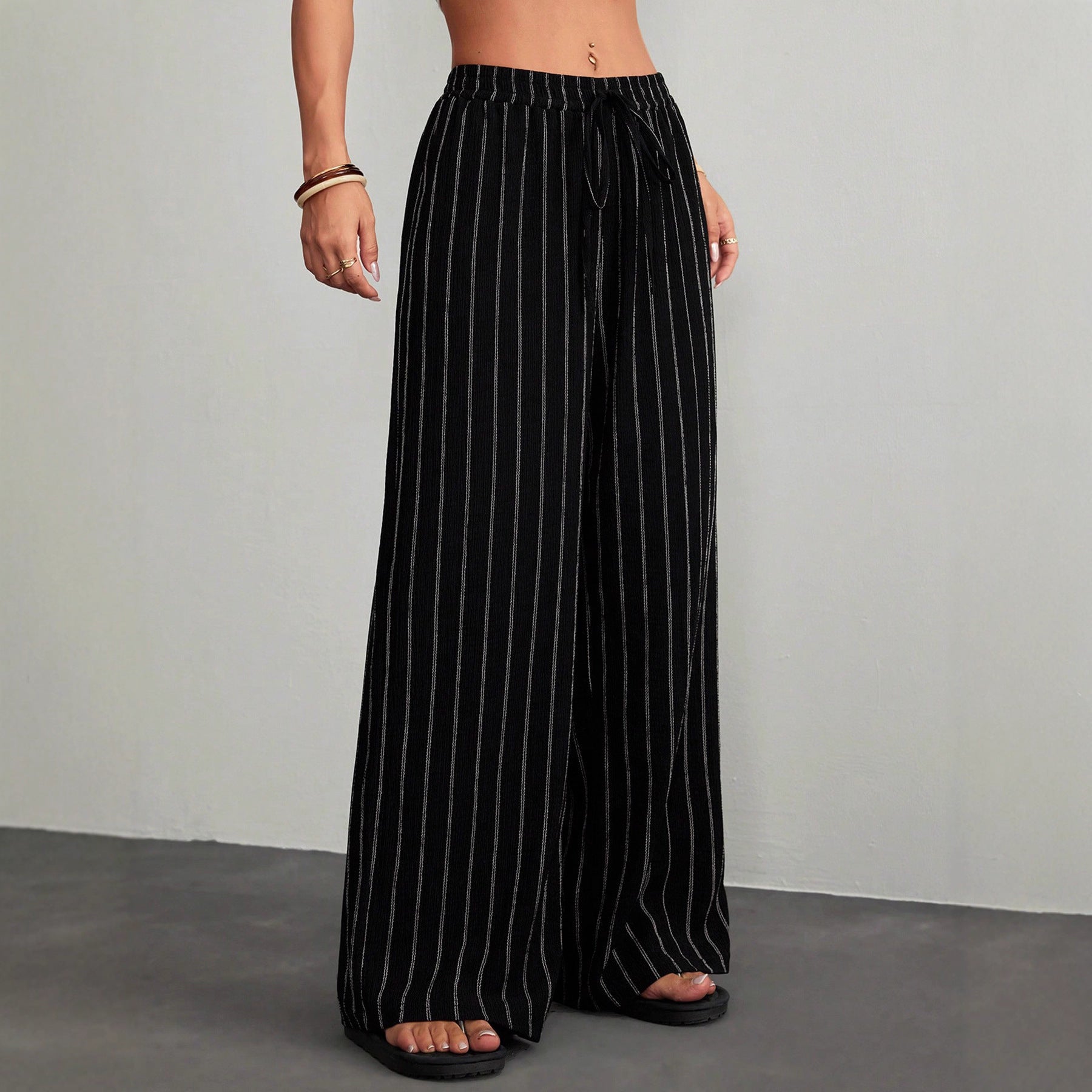 Women's Striped Drawstring Elastic Waist Casual Pants - SHOP IT 