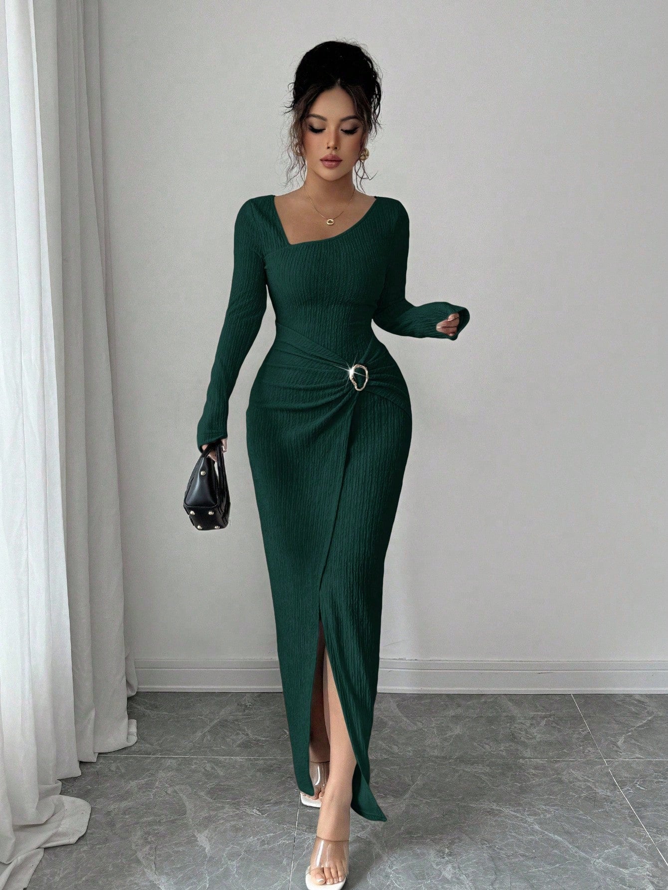 Autumn And Winter Irregular Neckline Solid Color Knitted Texture Long Dress For Women - SHOP IT 