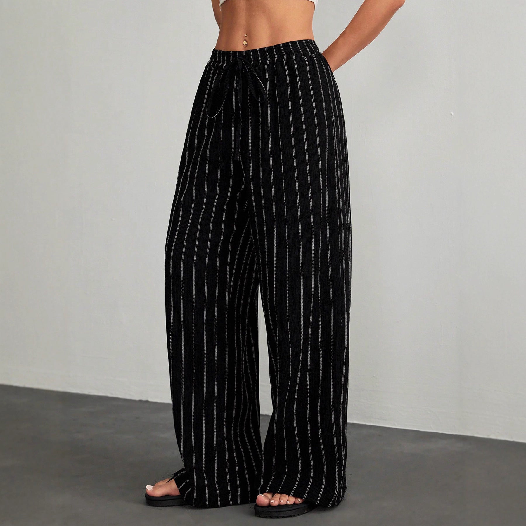 Women's Striped Drawstring Elastic Waist Casual Pants - SHOP IT 