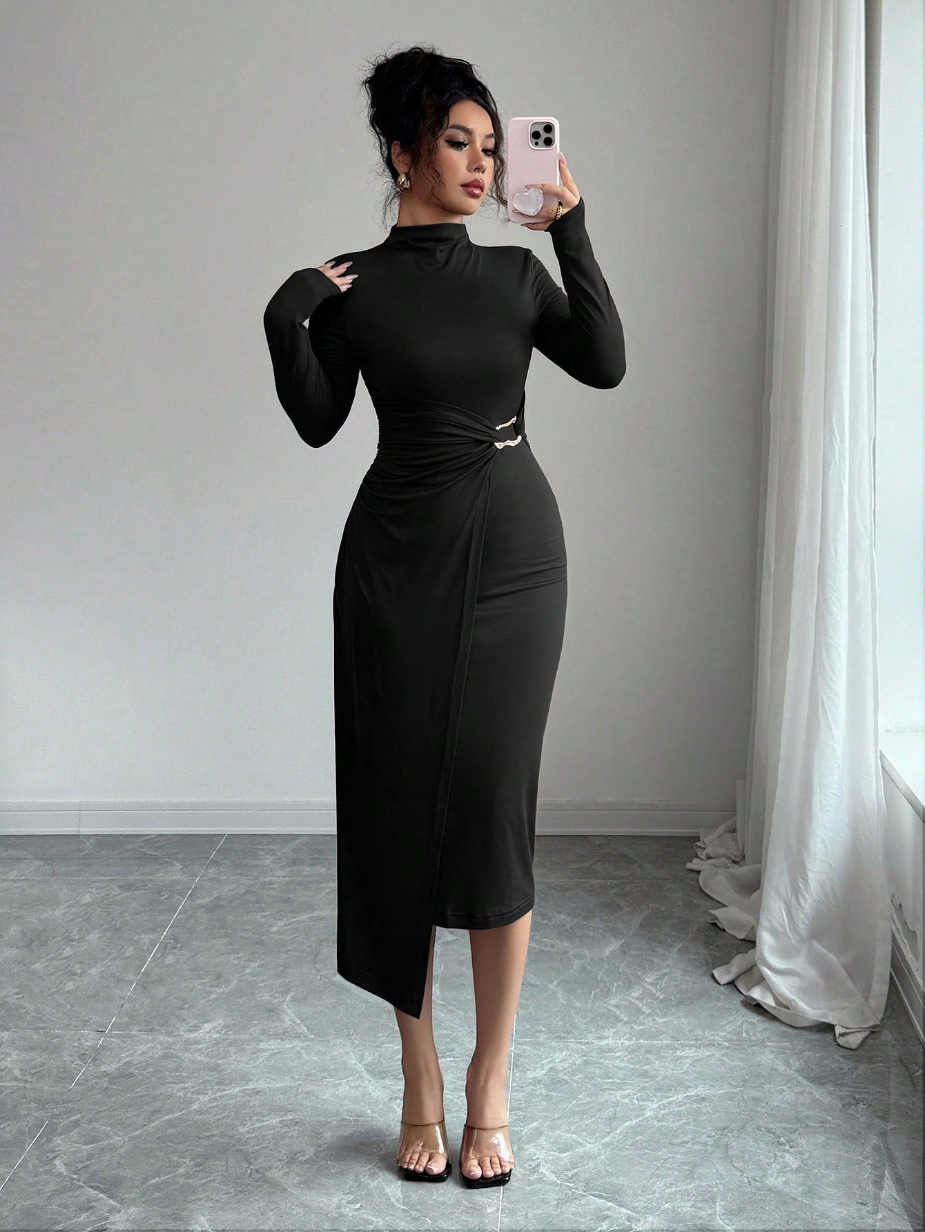 Small Stand-up Collar Knit Solid-color Dress With Metal Buttons - SHOP IT 