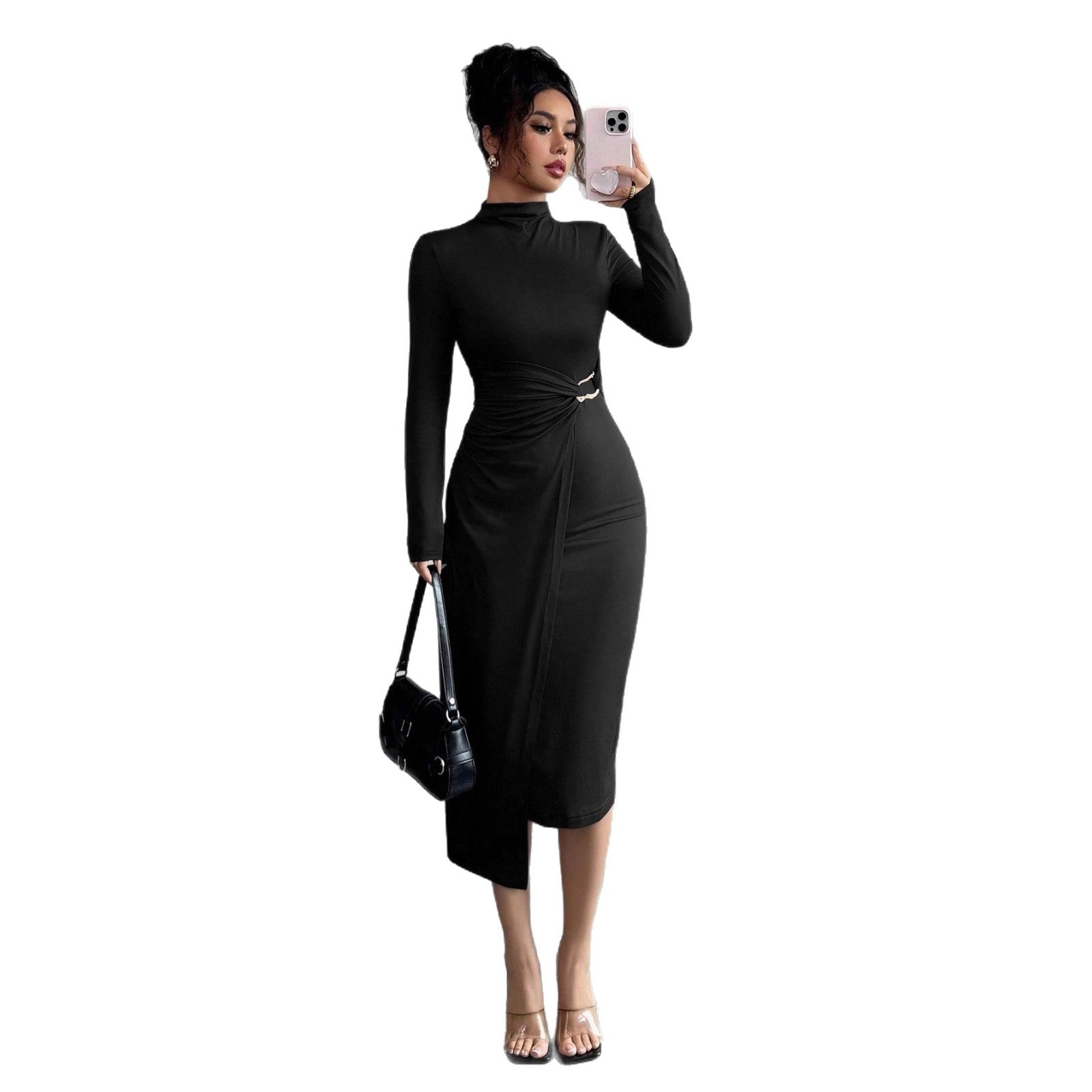 Small Stand-up Collar Knit Solid-color Dress With Metal Buttons - SHOP IT 