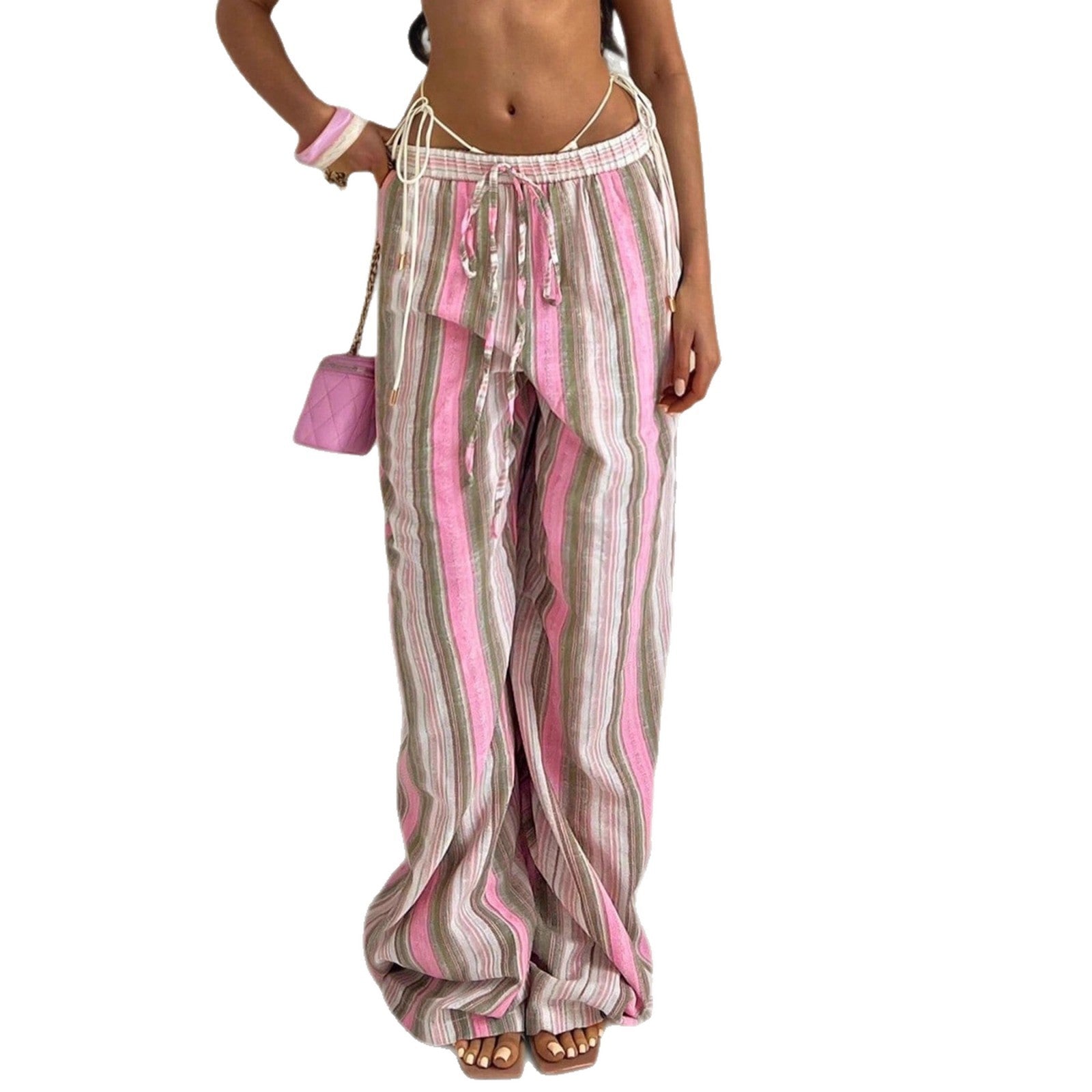 Women's Fashion Elastic Waist Striped Casual Pants - SHOP IT 