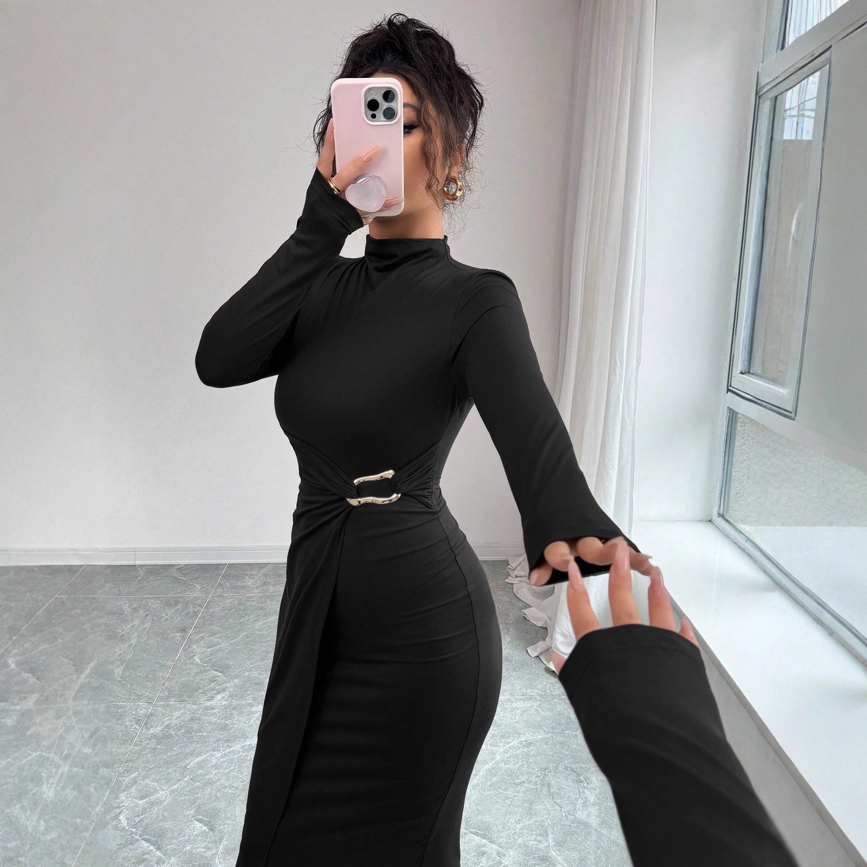 Small Stand-up Collar Knit Solid-color Dress With Metal Buttons - SHOP IT 