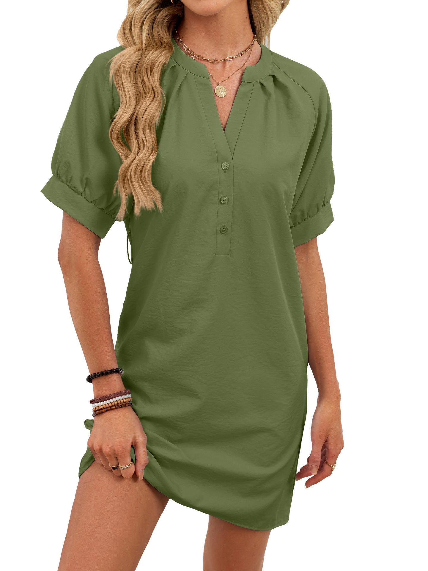 Women's Solid-Color Casual V-Neck Lace-Up Dress - SHOP IT 