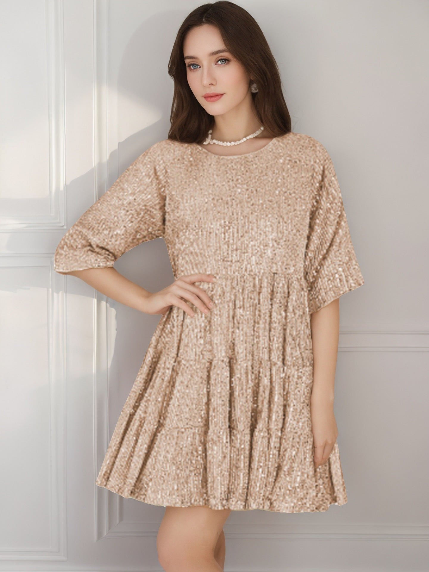 Fashionable Round-neck Loose-fit Short-sleeve Dress With Sequins - SHOP IT 