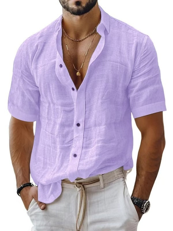 Men's Summer Men's Lapel Shirt Solid Color Short Sleeve Cotton Linen Shirt