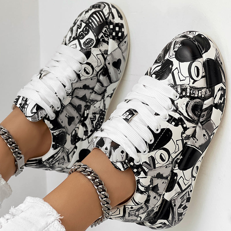 Women's Casual Round Toe Thick Sole Lace-Up Sneakers, Random Print Design, Comfortable Sporty Shoes For Daily Wear