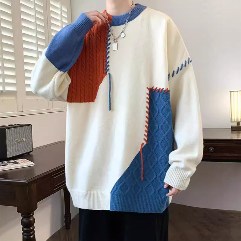 Ins Colorblock Pullover Sweater Winter Fashion Long Sleeve Knitted Top Men's Clothing - SHOP IT 