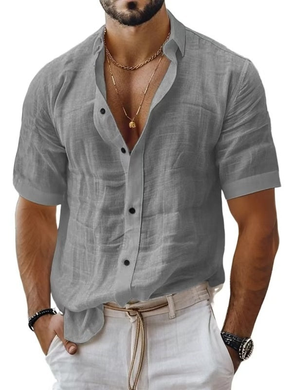 Men's Summer Men's Lapel Shirt Solid Color Short Sleeve Cotton Linen Shirt