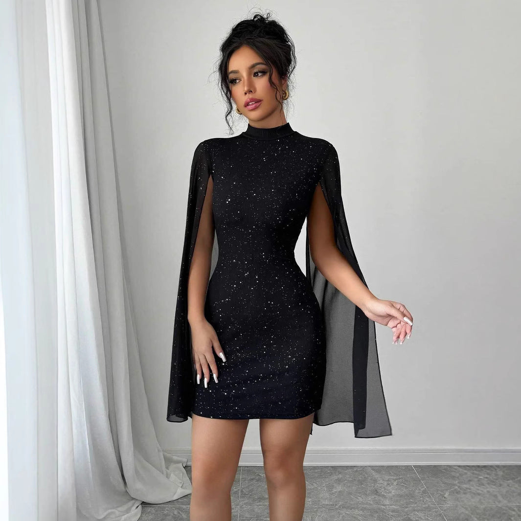 Women's Sexy Elegant Evening Party Dresses Round Neck Pit Stripe Pearl Chiffon Cape Sleeve Wrapped Hip Dress - SHOP IT 