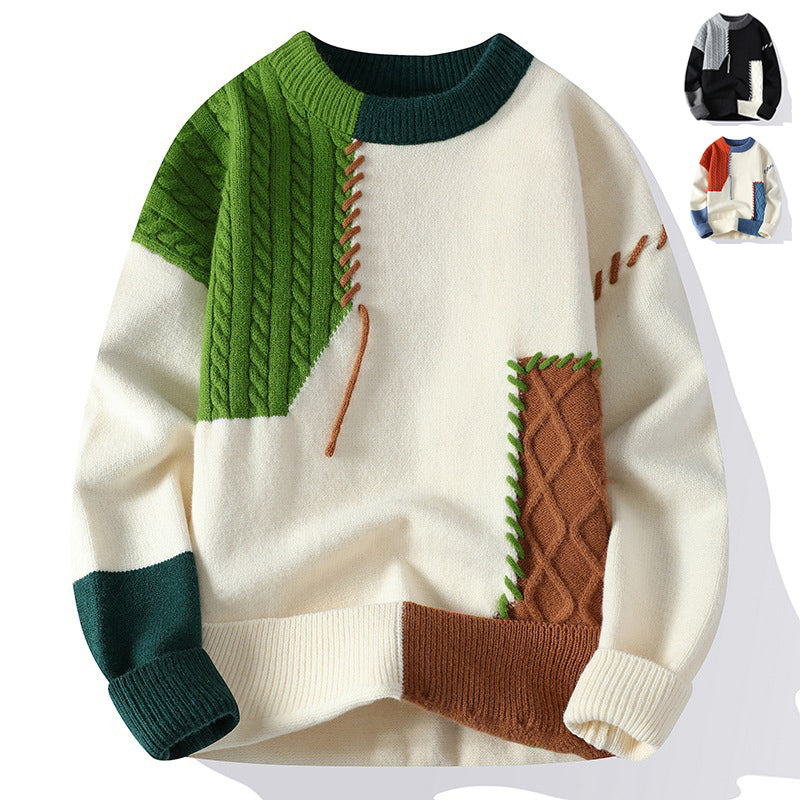 Ins Colorblock Pullover Sweater Winter Fashion Long Sleeve Knitted Top Men's Clothing - SHOP IT 