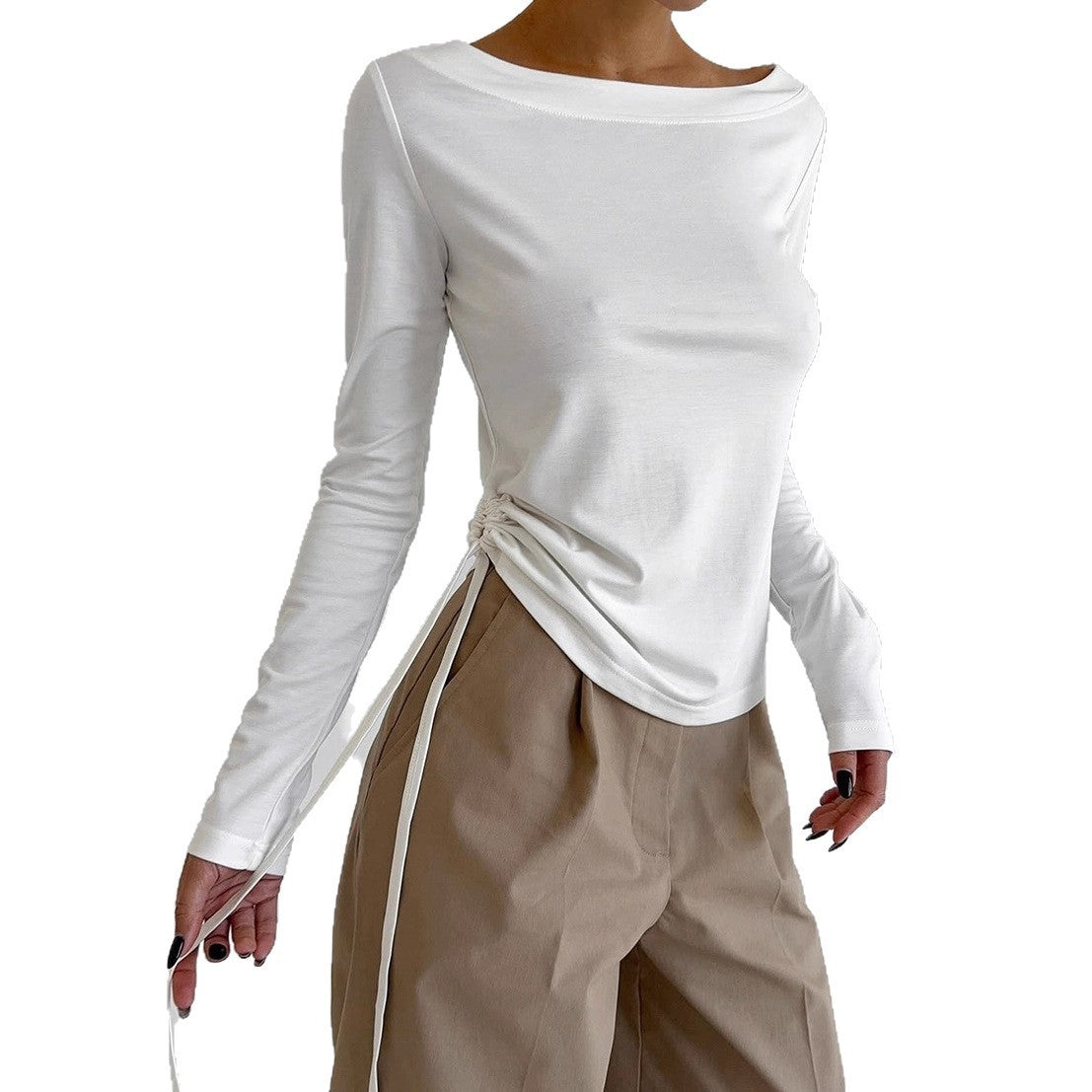Women's Round Neck Side Tie Waist Long Sleeve - SHOP IT 