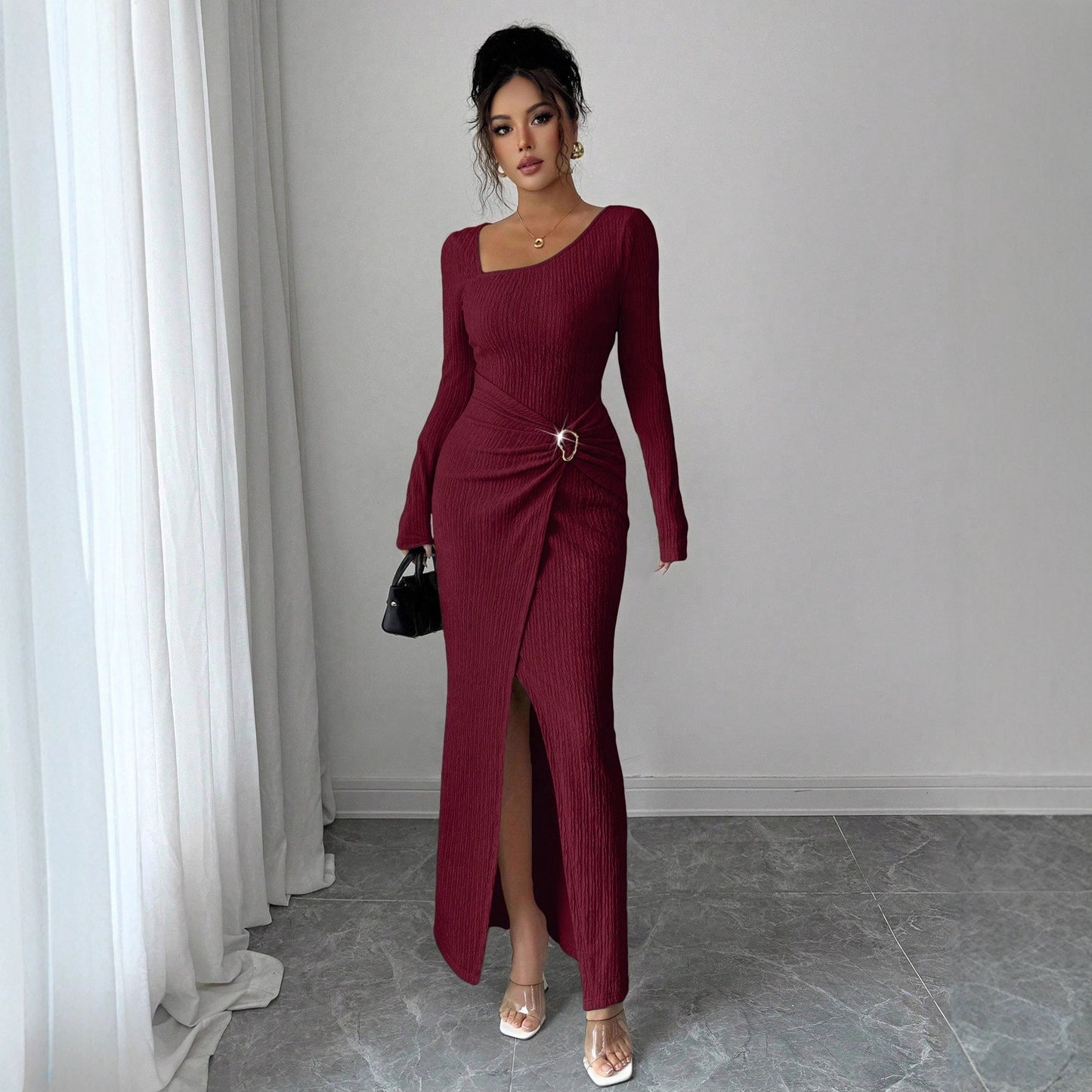 Autumn And Winter Irregular Neckline Solid Color Knitted Texture Long Dress For Women - SHOP IT 