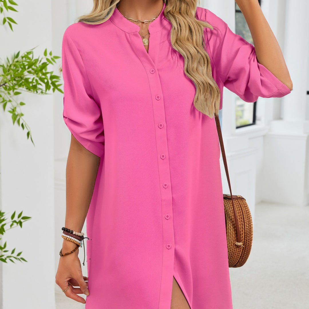 V-neck Shirt-sleeve Button-down Dress For Women - SHOP IT 