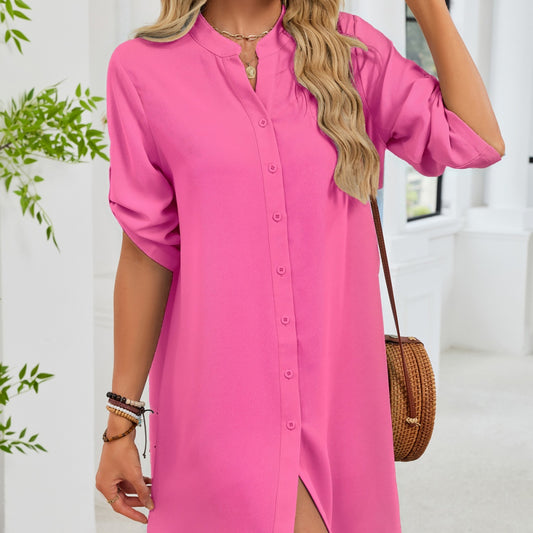 V-neck Shirt-sleeve Button-down Dress For Women - SHOP IT 