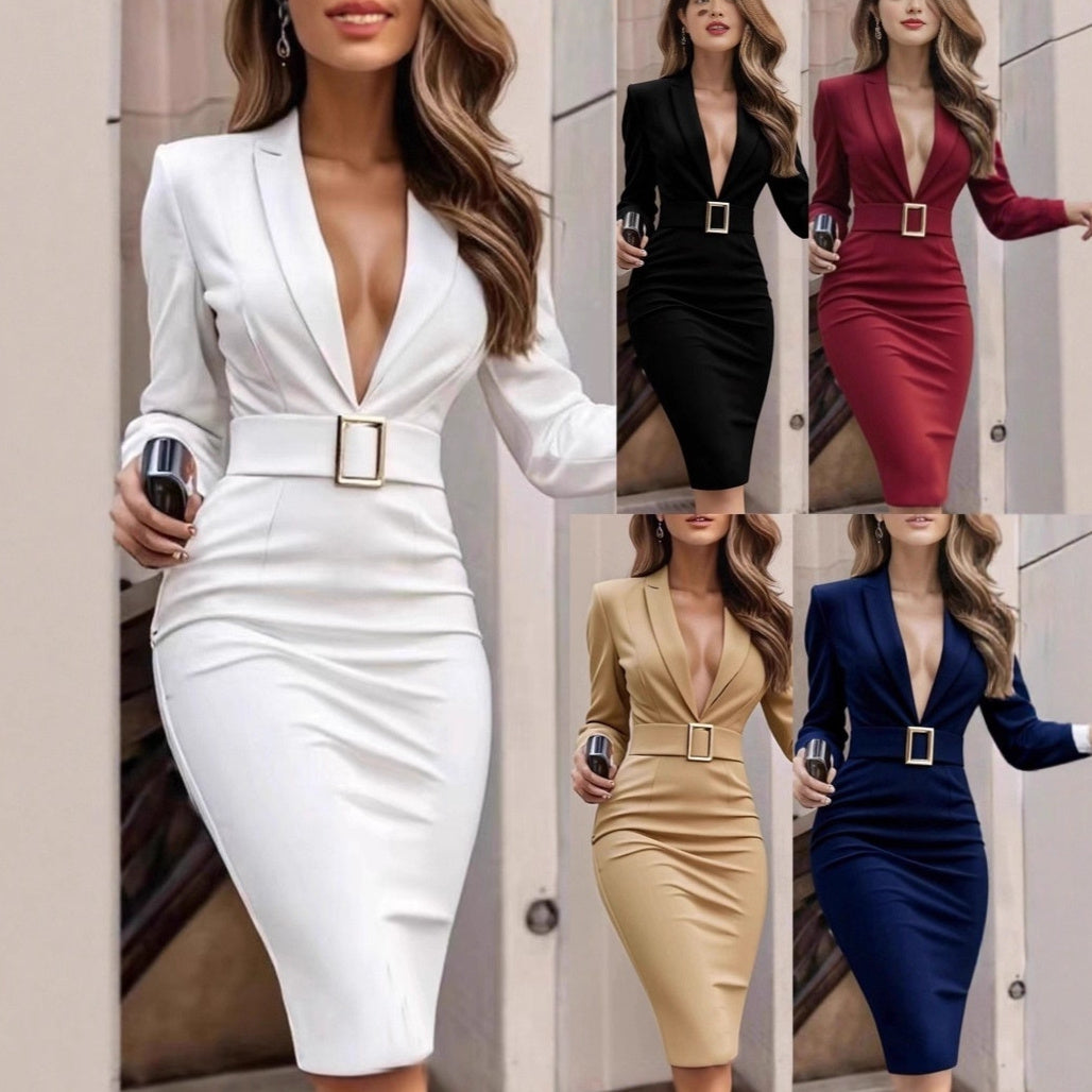 Solid Color Sexy V-neck Long Sleeve Bodycon Dress - SHOP IT 