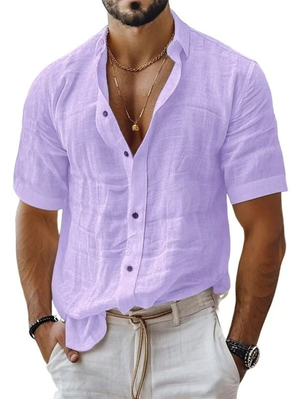 Men's Summer Men's Lapel Shirt Solid Color Short Sleeve Cotton Linen Shirt