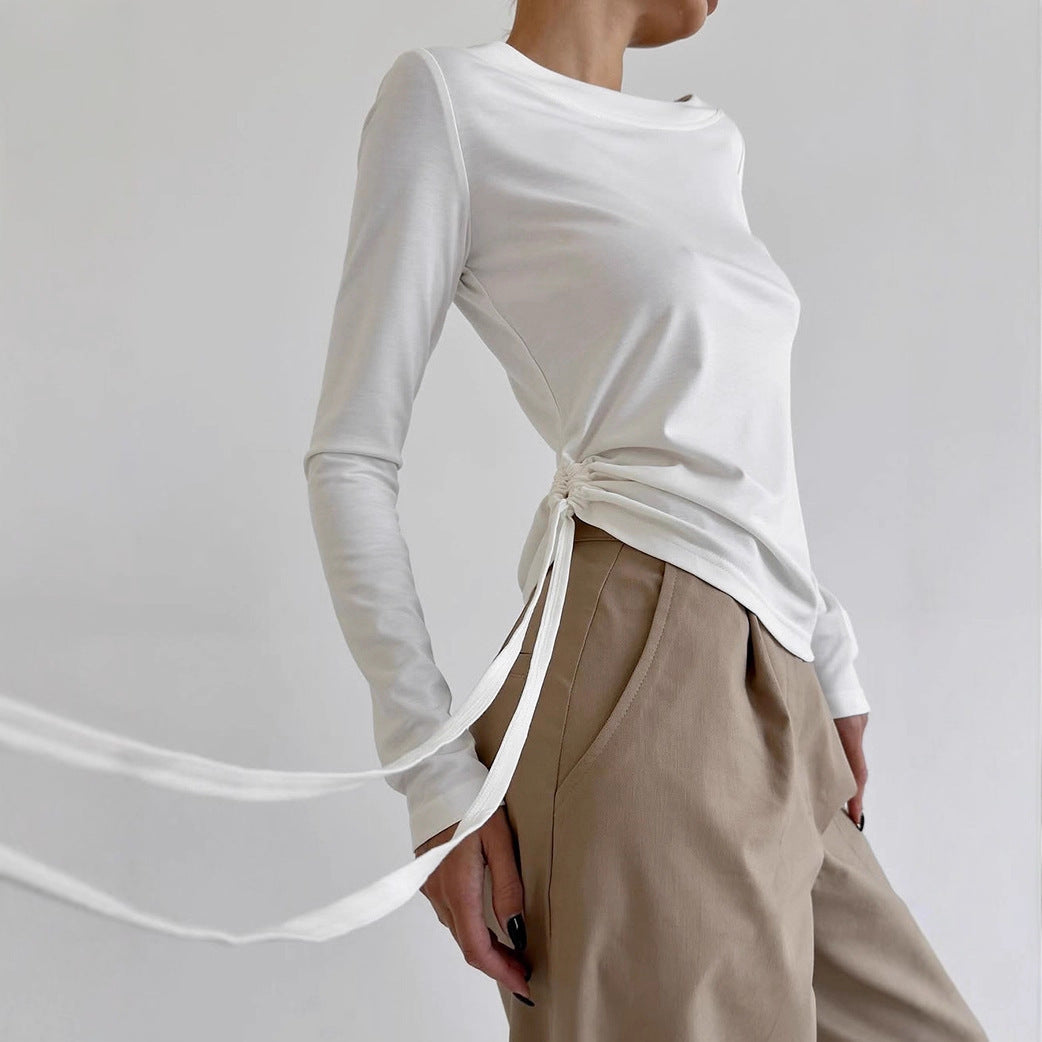 Women's Round Neck Side Tie Waist Long Sleeve - SHOP IT 