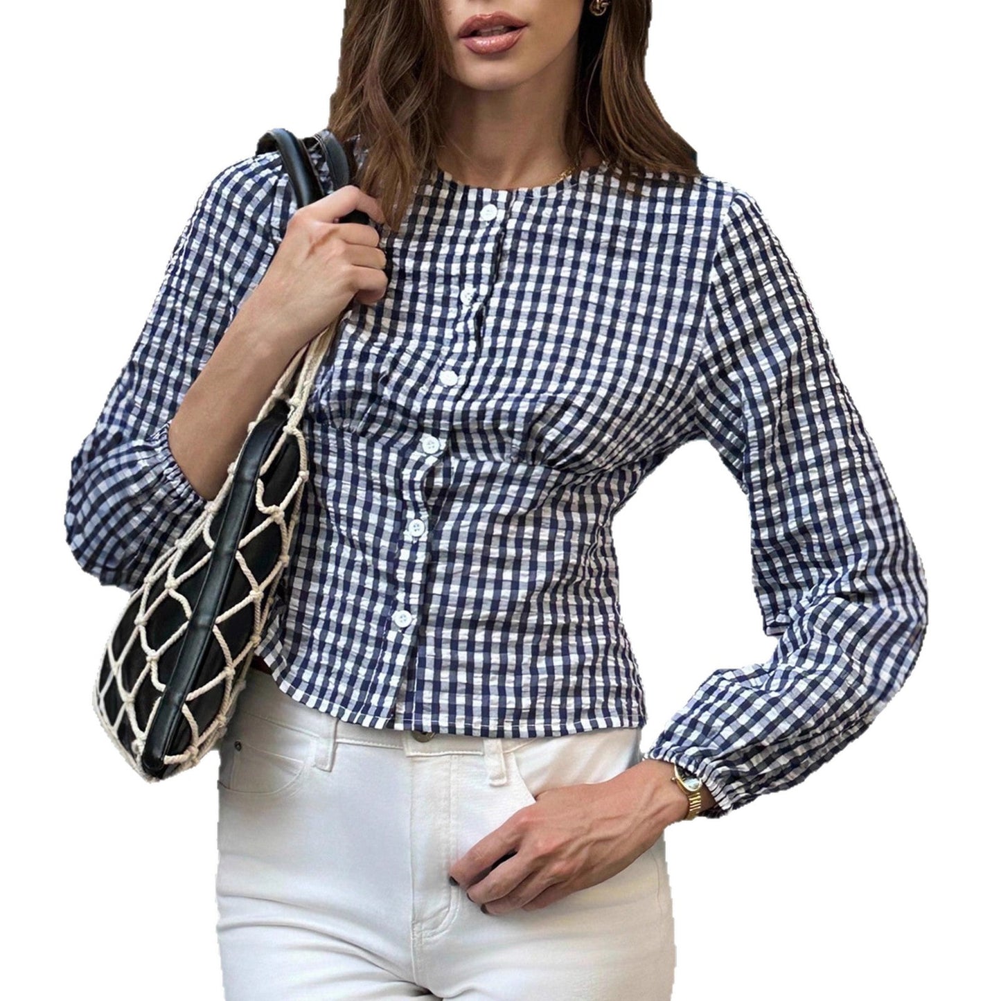 Women's Retro Casual Round Neck Plaid Shirt - SHOP IT 