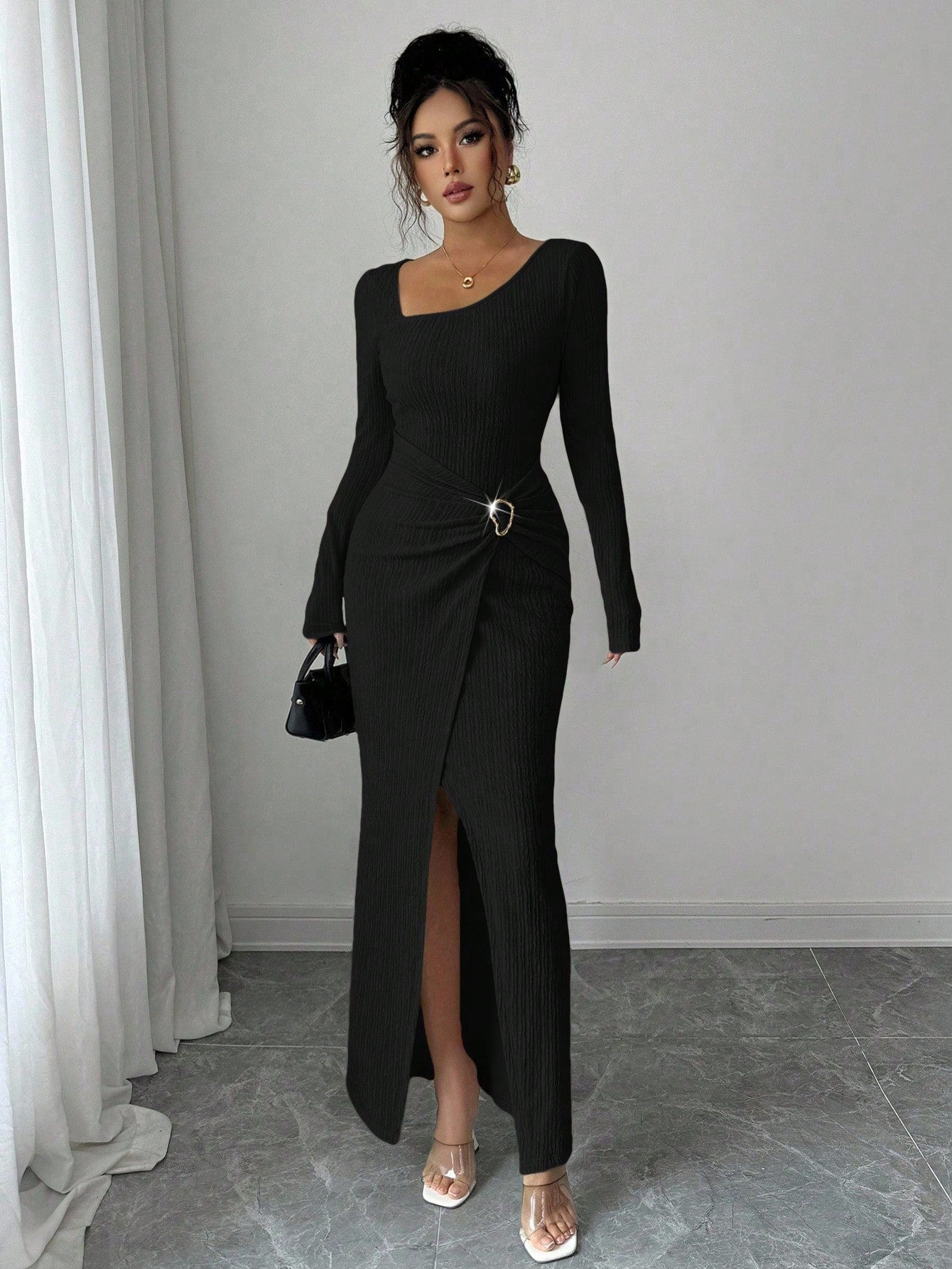 Autumn And Winter Irregular Neckline Solid Color Knitted Texture Long Dress For Women - SHOP IT 