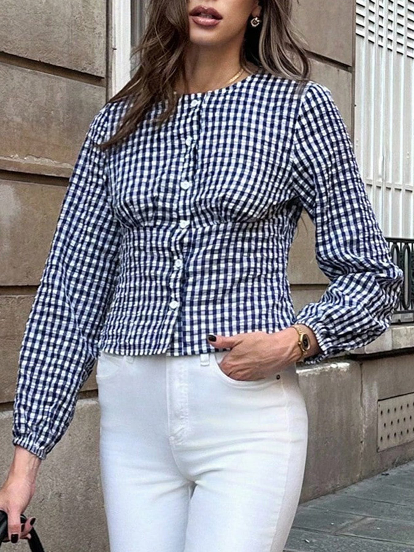 Women's Retro Casual Round Neck Plaid Shirt - SHOP IT 