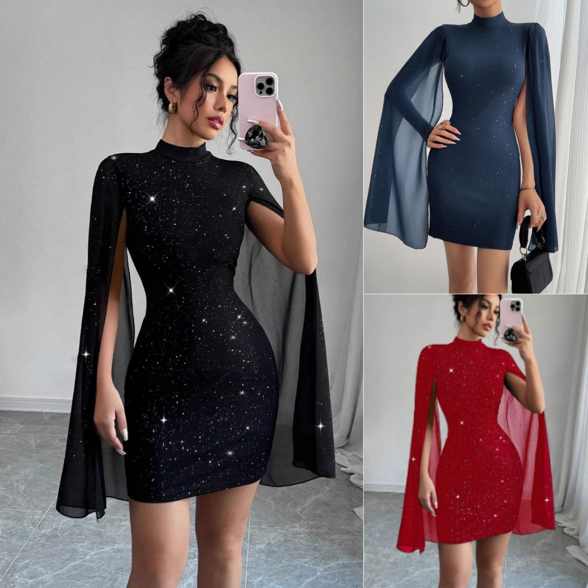 Women's Sexy Elegant Evening Party Dresses Round Neck Pit Stripe Pearl Chiffon Cape Sleeve Wrapped Hip Dress - SHOP IT 
