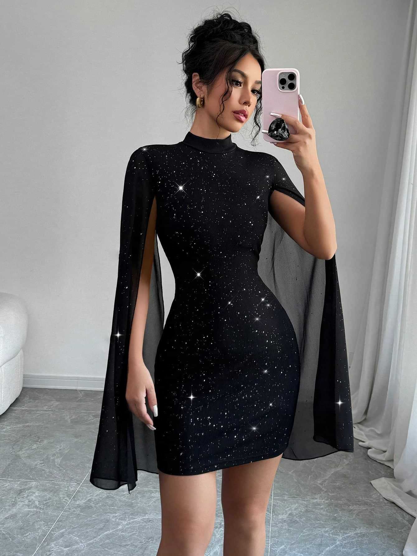 Women's Sexy Elegant Evening Party Dresses Round Neck Pit Stripe Pearl Chiffon Cape Sleeve Wrapped Hip Dress - SHOP IT 