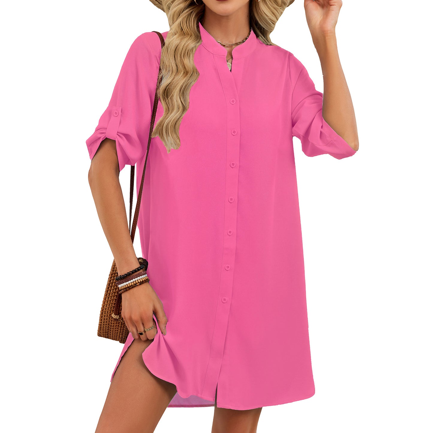 V-neck Shirt-sleeve Button-down Dress For Women - SHOP IT 